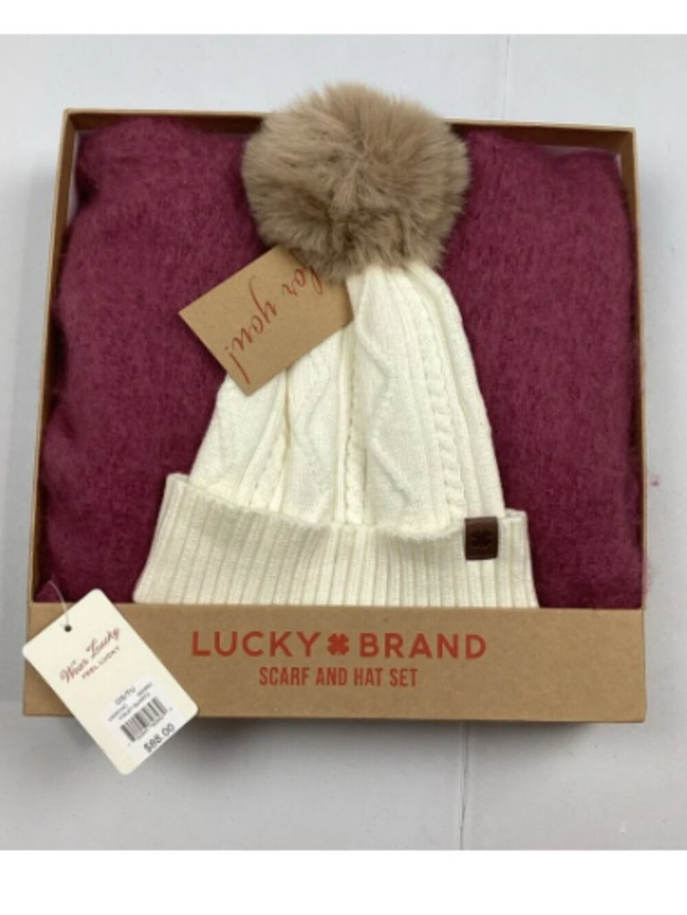 Lucky Brand Cream and Burgundy Scarf and Beanie Pom Pom Hat Set